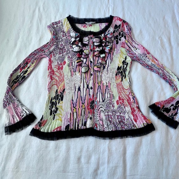 Alberto Makali Pleated Floral Cardigan 3D Applique Mesh Trim Multi Color XL NEW - Picture 5 of 8